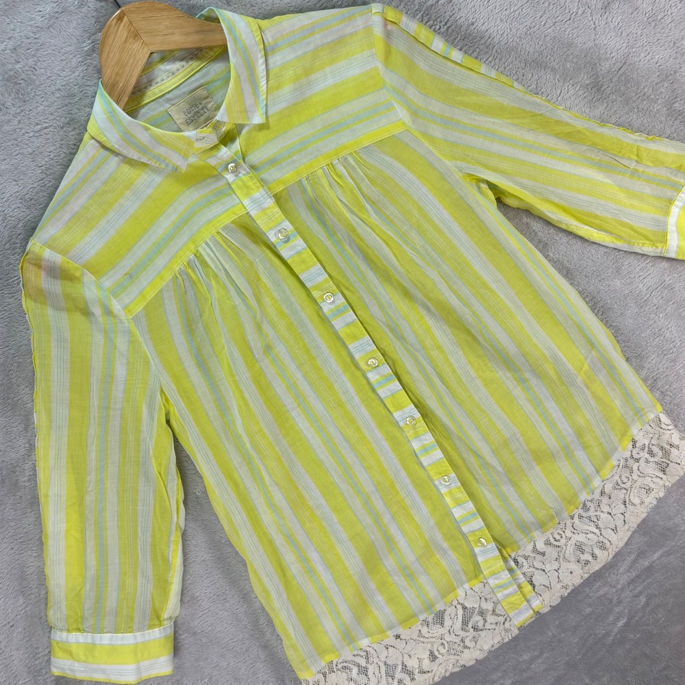 Edme & Esyllte‎ Women's Striped Button Blouse Lace Hem Yellow Green US 2 Bobo